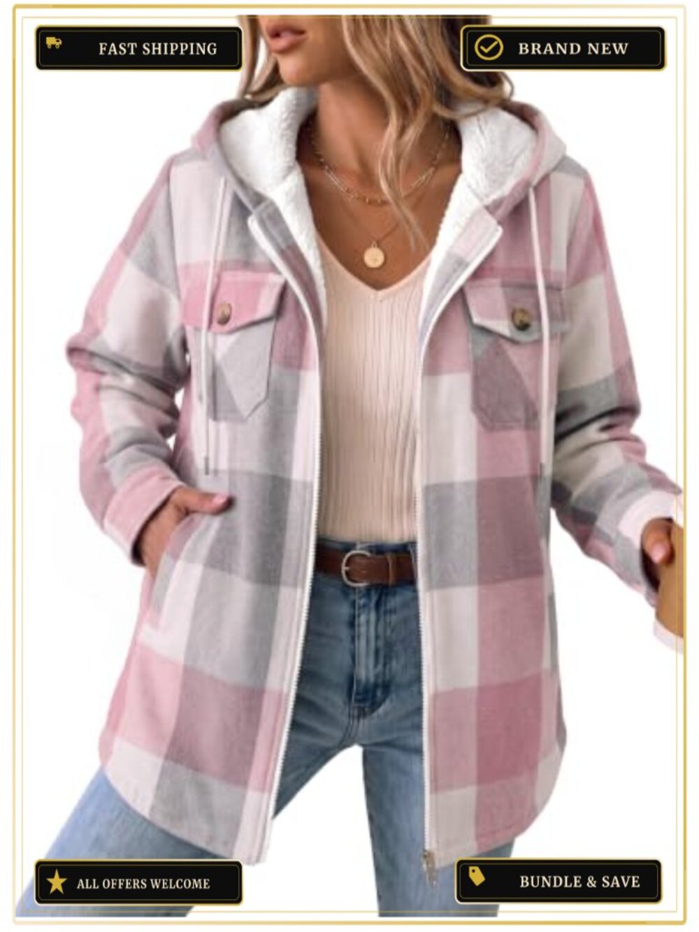 Plaid Fleece Lined Hooded Zip Shacket Winter Coat